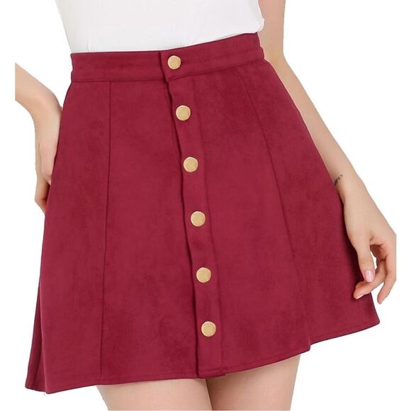 NEW Red Vegan Suede Button A-Line High Waisted Mini Skirt L - Picture 1 of 8